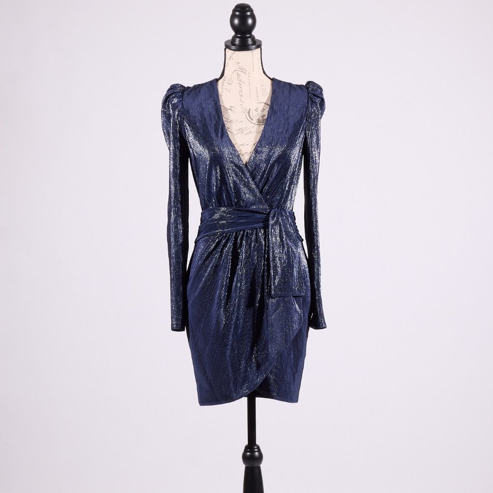 JONATHAN SIMKHAI METALLIC BLUE WRAP PUFF SLEEVE DRESS
